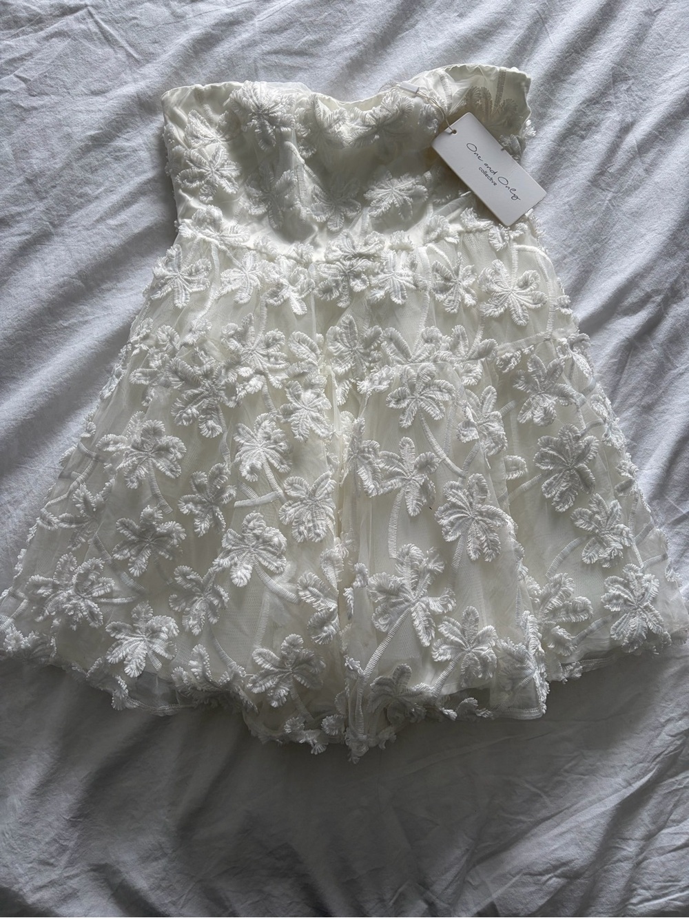 One and Only Collective White Strapless Babydoll Bridal Floral Lace Mini Dress